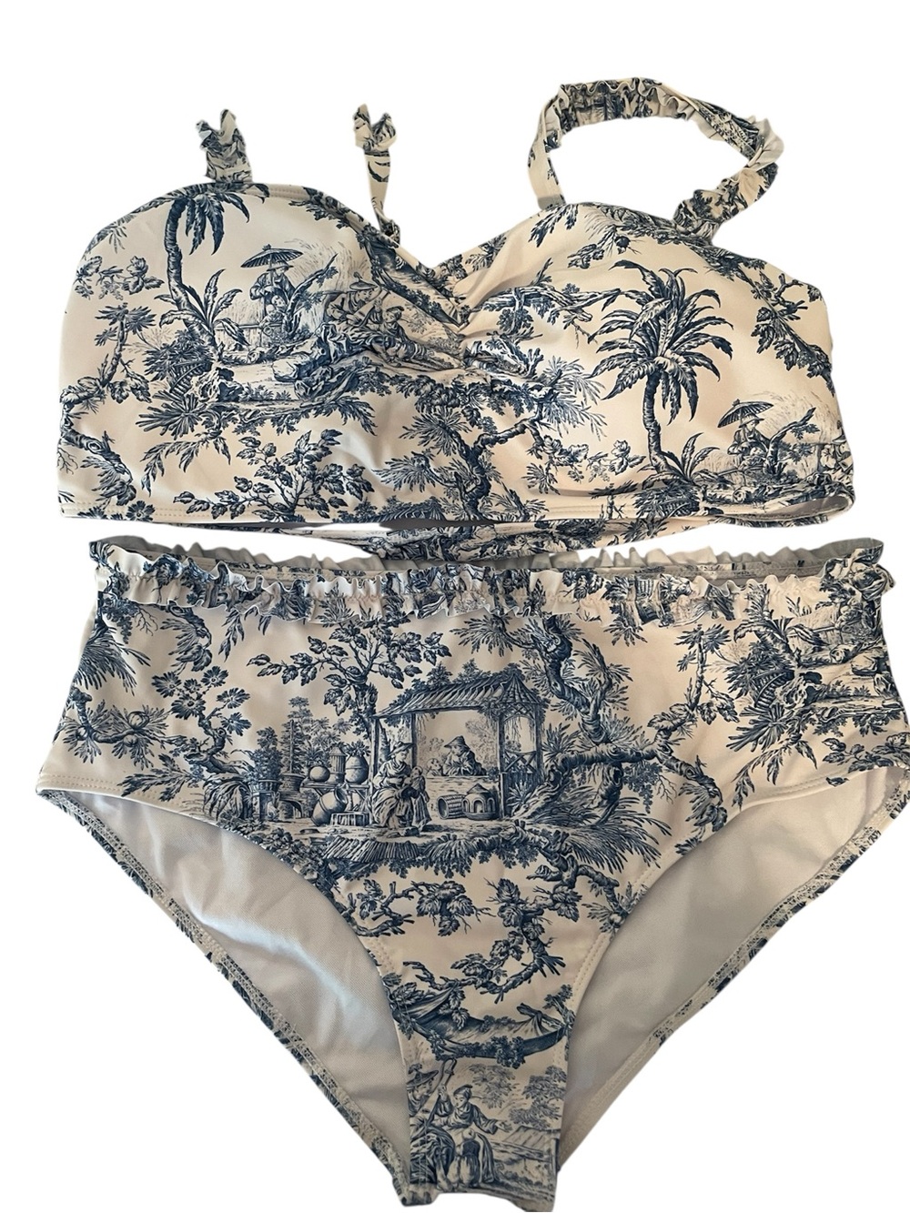 Vintage-Inspired Toile Two-Piece High-Waist Bikini - Blue on Cream